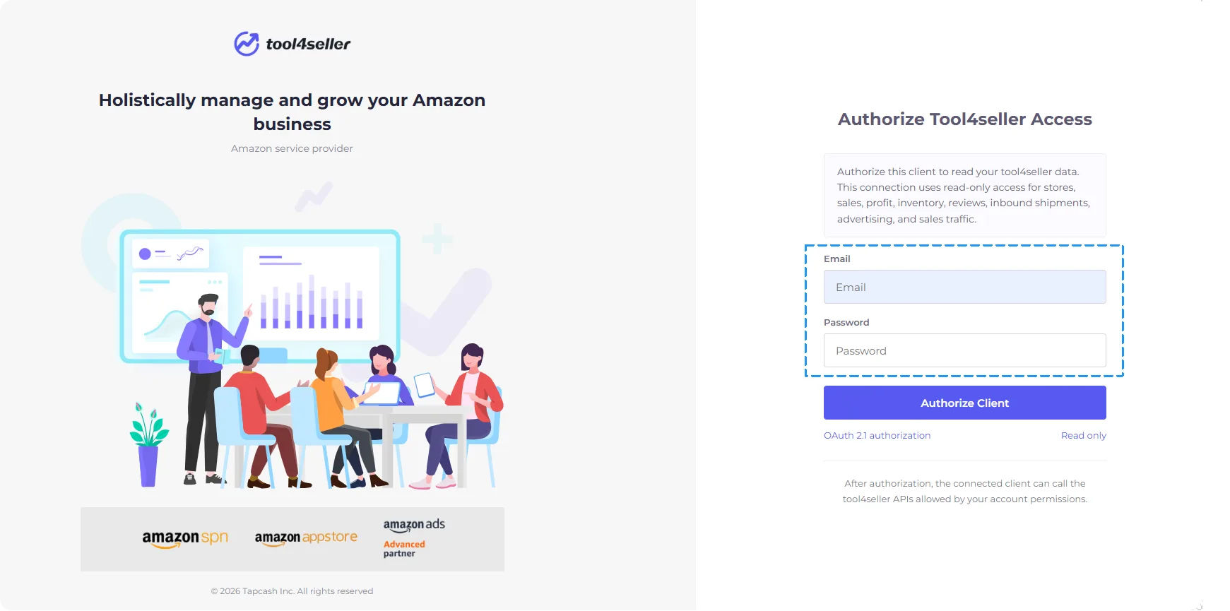 tool4seller-CLI OAuth authorization page showing a read-only client access form with email and password fields and an Authorize Client button.