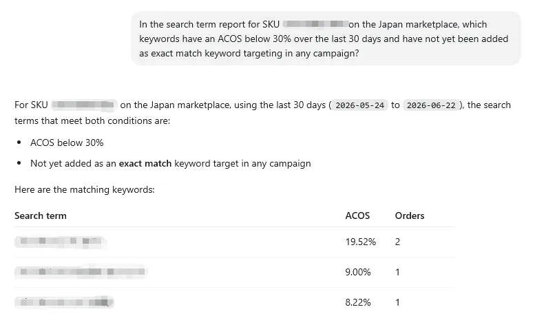 tool4seller CLI search term report result showing matching Japan marketplace keywords with ACOS below 30%, order count, and exact match targeting status.