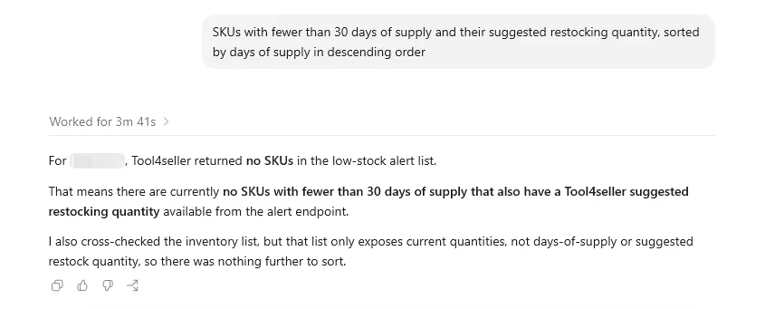 tool4seller CLI inventory query result showing no SKUs with fewer than 30 days of supply and suggested restocking quantity available.