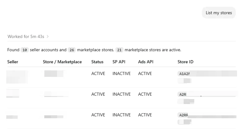 tool4seller CLI store listing result showing seller accounts, marketplace store status, SP API status, Ads API status, and Store ID columns.