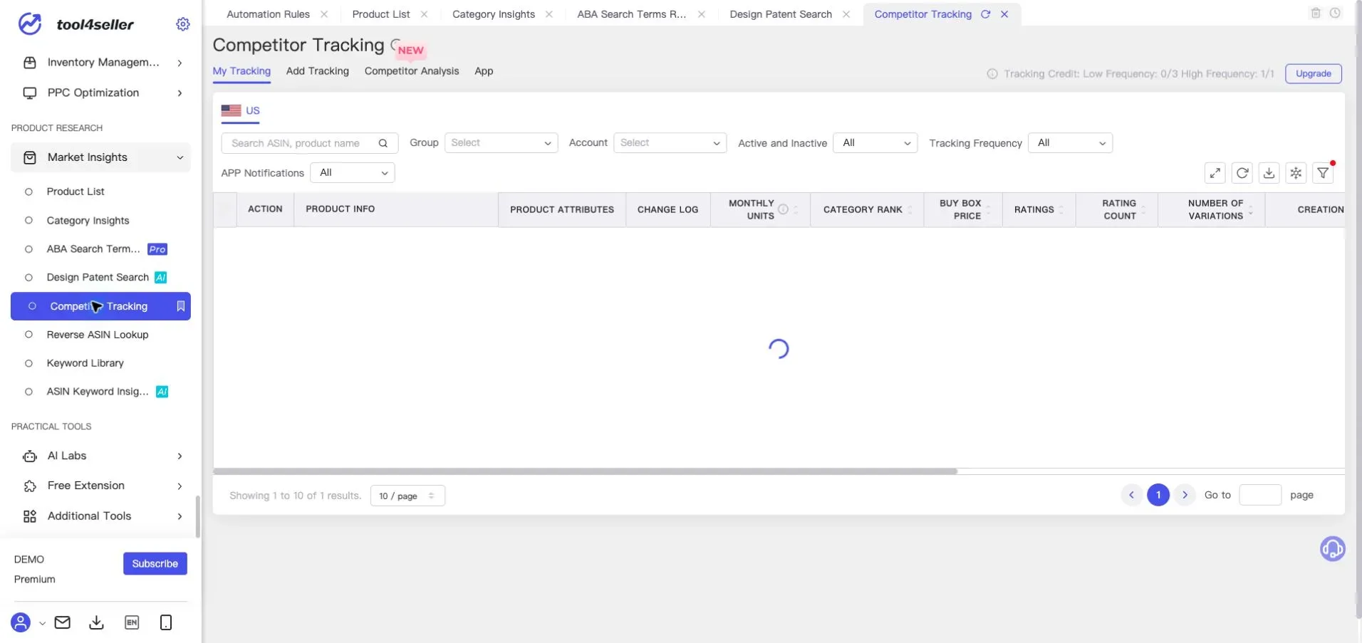 Interface tool4seller : Page actuelle « Competitor Tracking » avec des données concurrentielles anonymisées.