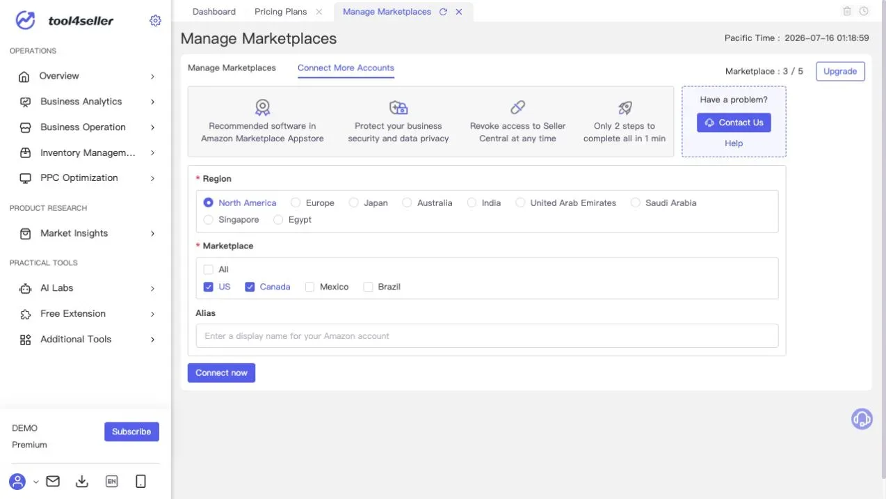 Current tool4seller Connect More Accounts tab showing region, marketplace, alias, and Connect now controls in the sanitized demo environment.