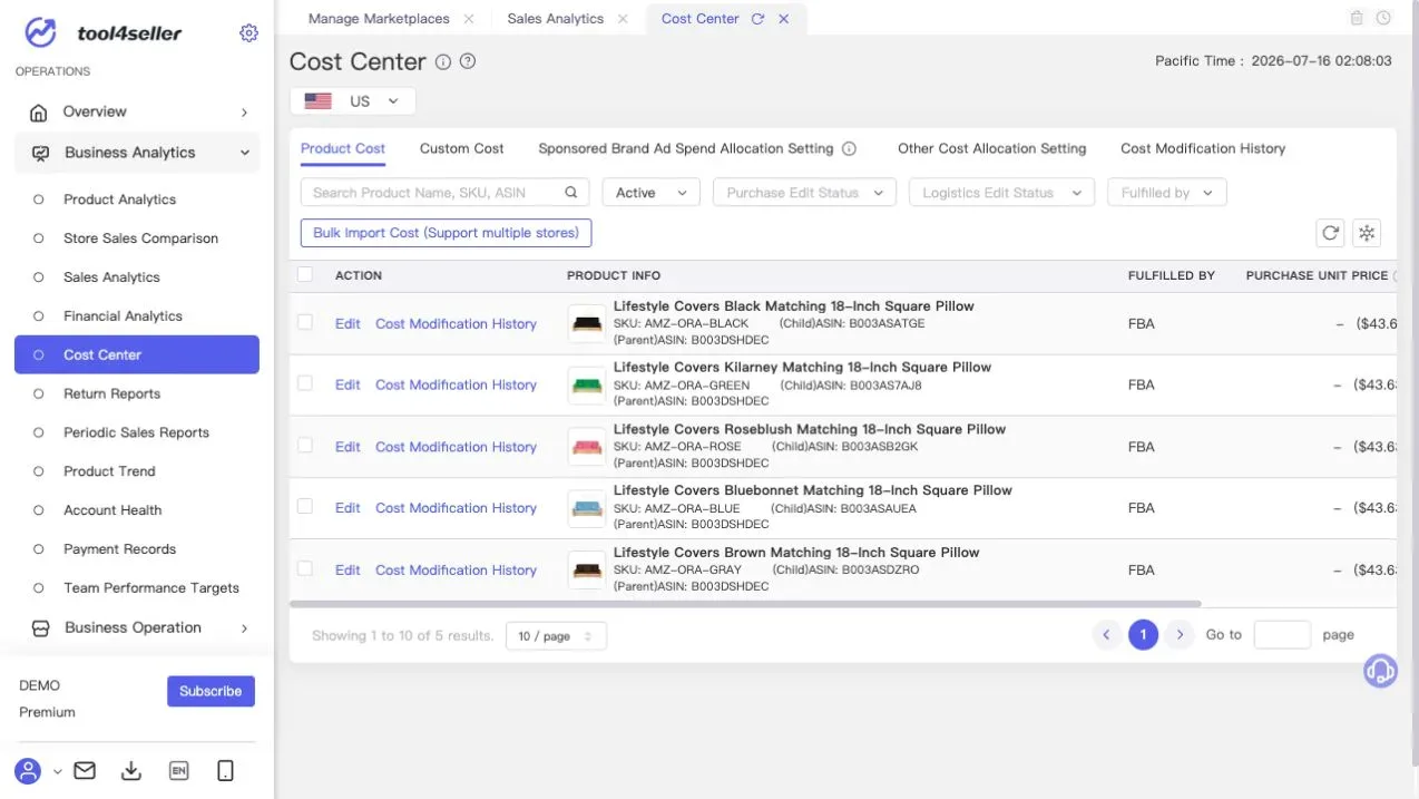 Current tool4seller Cost Center page showing sanitized demo products, cost tabs, filters, and import controls.