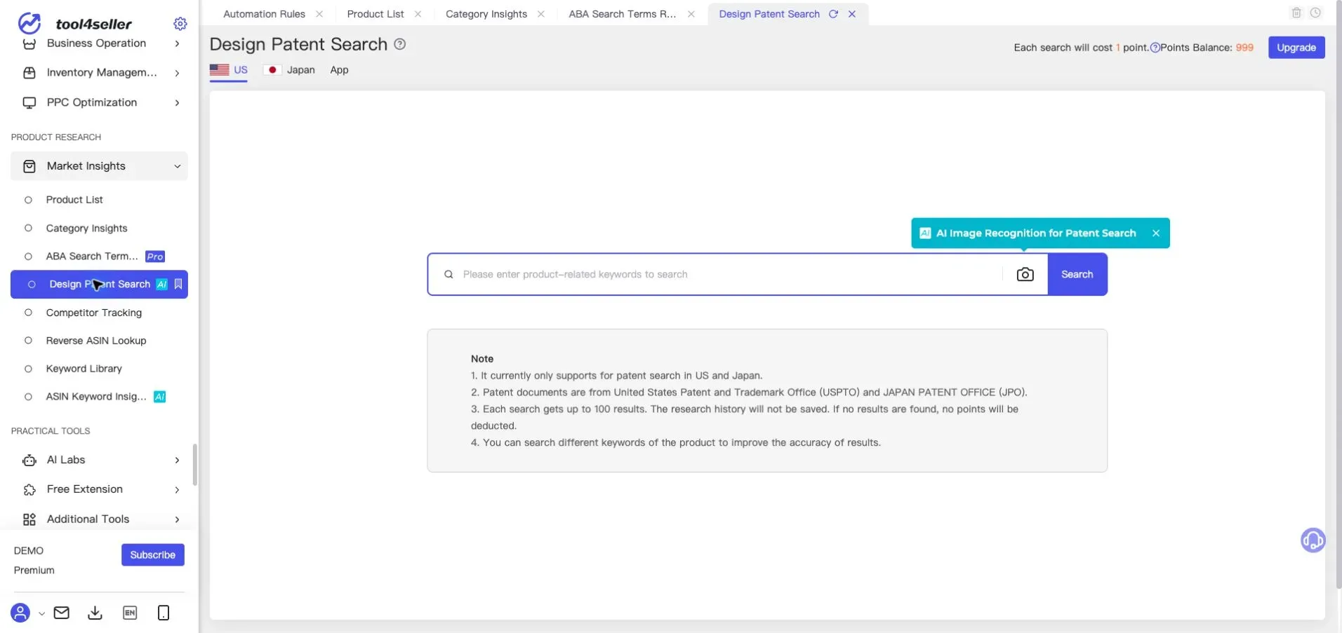 Current tool4seller Design Patent Search page showing sanitized demo image and keyword search controls for preliminary patent research.