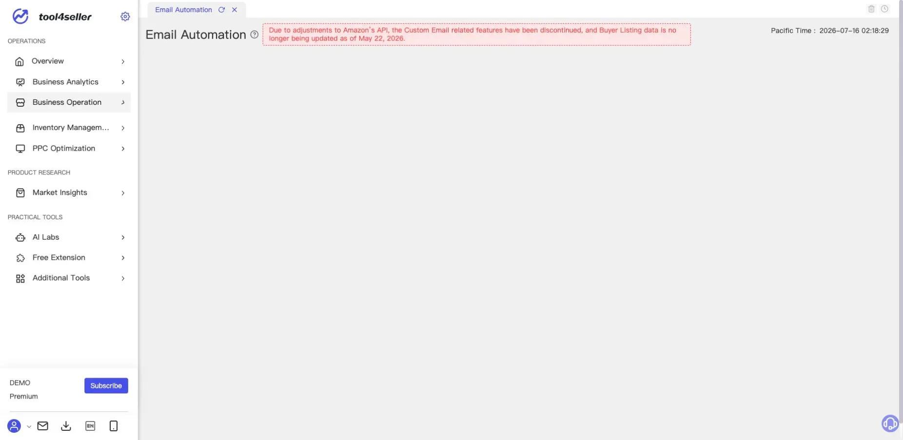 Interfaccia di tool4seller: Avviso attuale: Custom Email è stato dismesso e Buyer Listing non viene più aggiornato dal 22 maggio 2026.