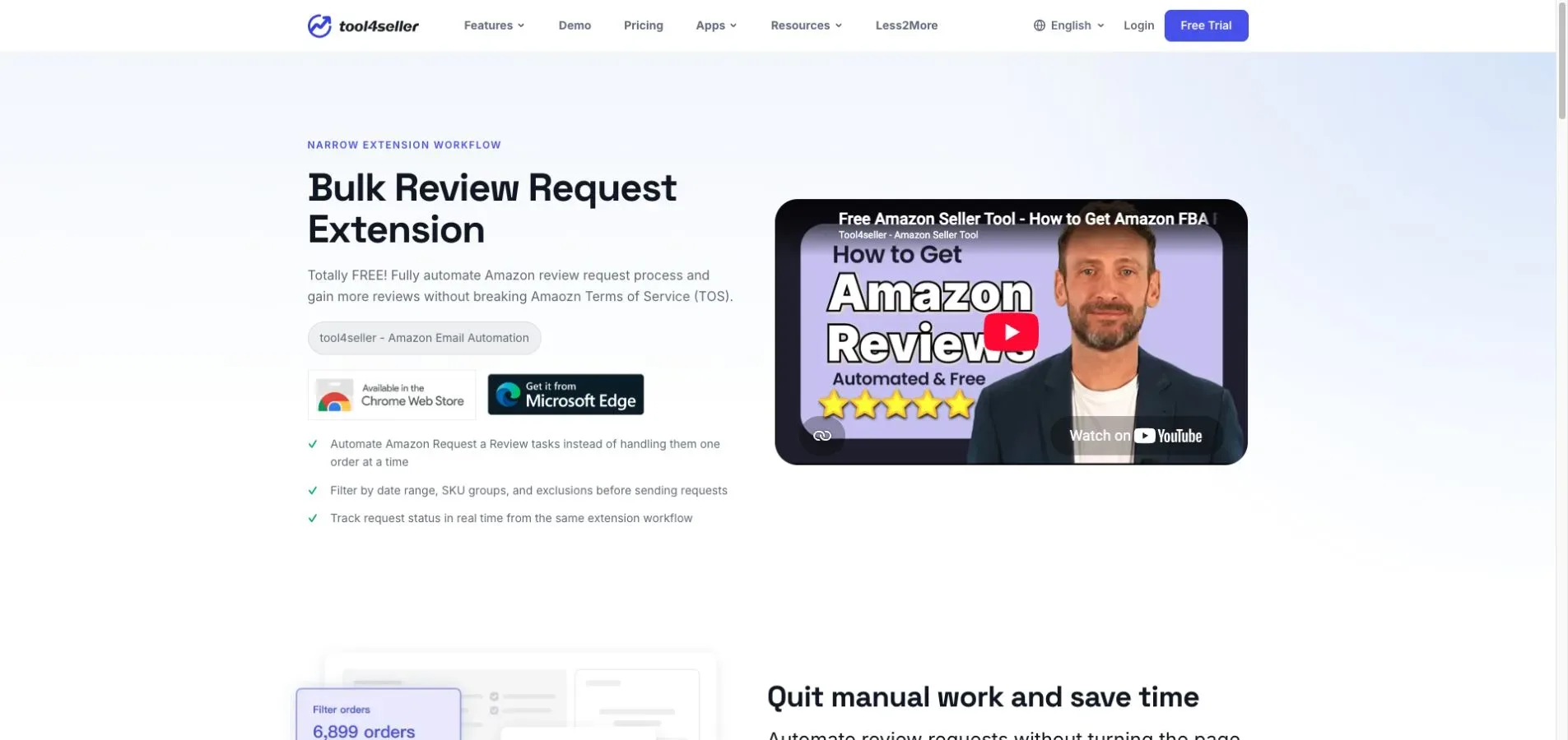 Interface tool4seller : Page officielle actuelle de « Email Automation Extension » pour la fonction « Demander un avis » d’Amazon.
