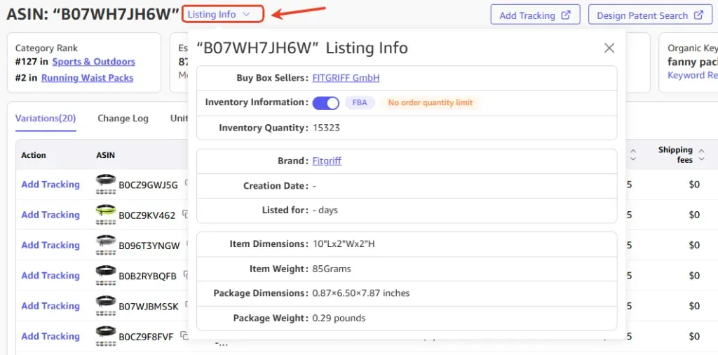 tool4seller interface showing Listing info details.