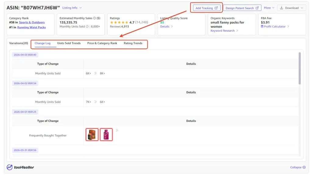 tool4seller interface showing Competitor tracking overview.