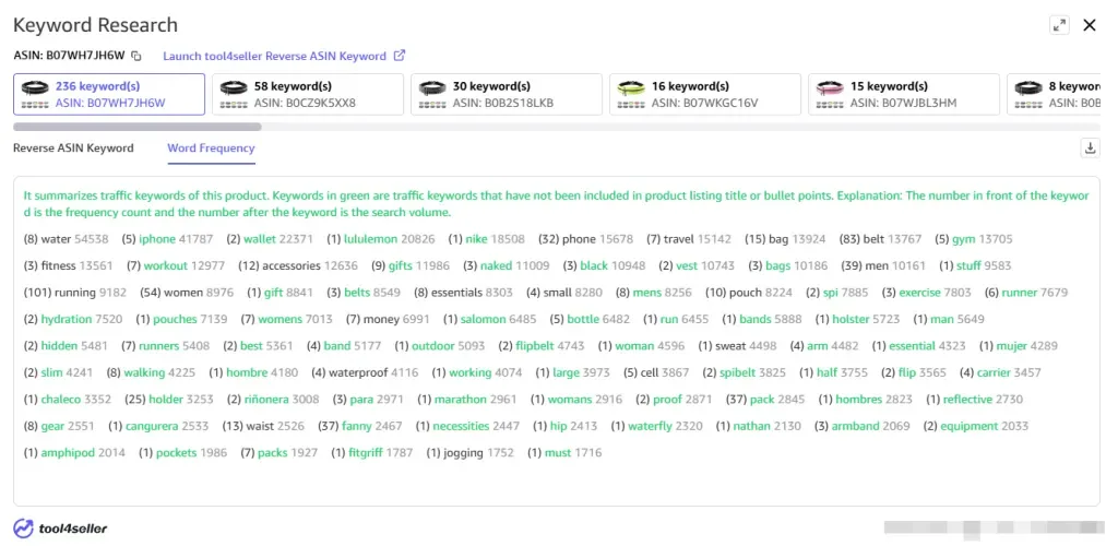 tool4seller interface showing Keyword research on product pages.