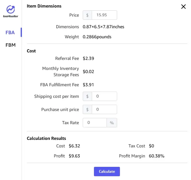 tool4seller interface showing Profit calculator panel.