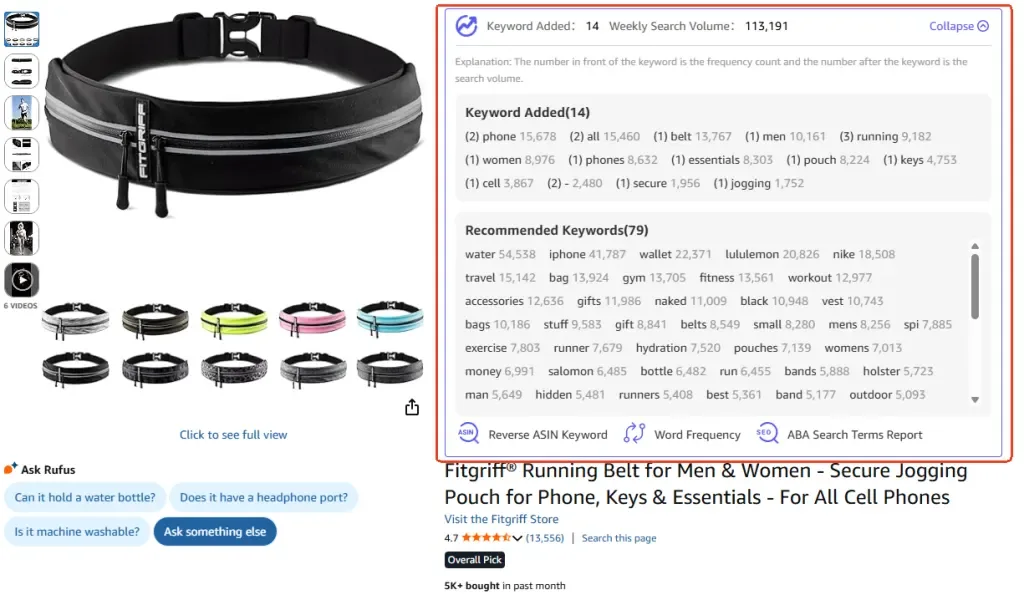tool4seller interface showing Keyword insights on product pages.