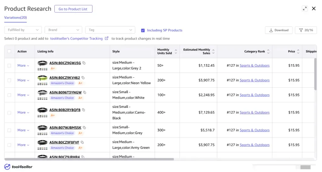 tool4seller interface showing Floating product research entry.