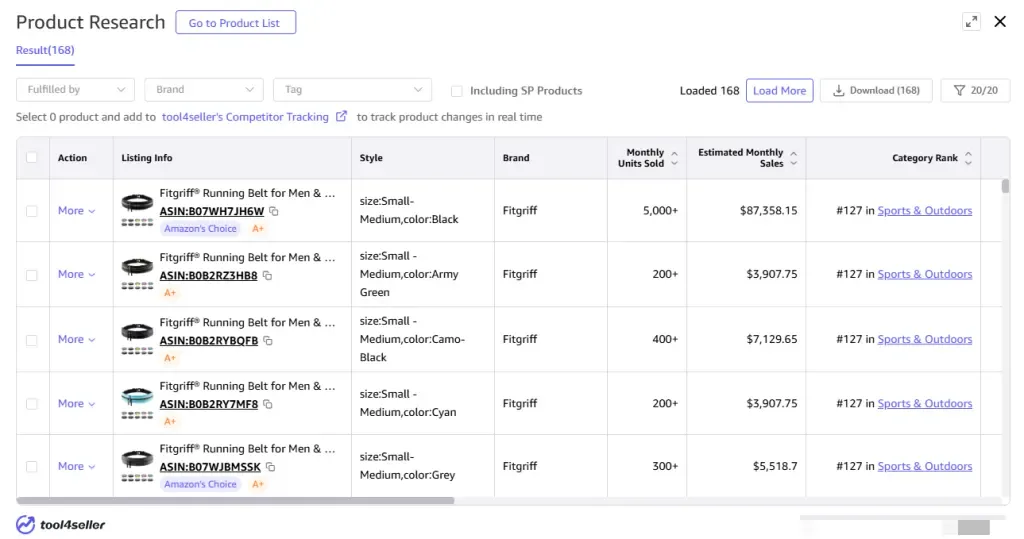 tool4seller interface showing Product research comparison panel.