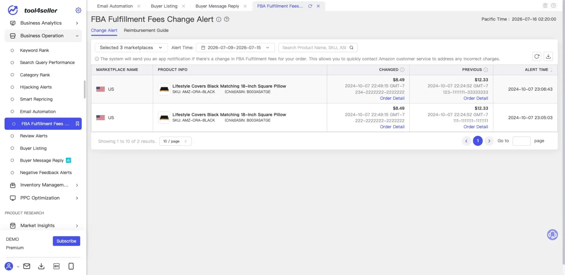 Interfaz de tool4seller: Página actual «FBA Fulfillment Fees Change Alert» del entorno de demostración anonimizado.