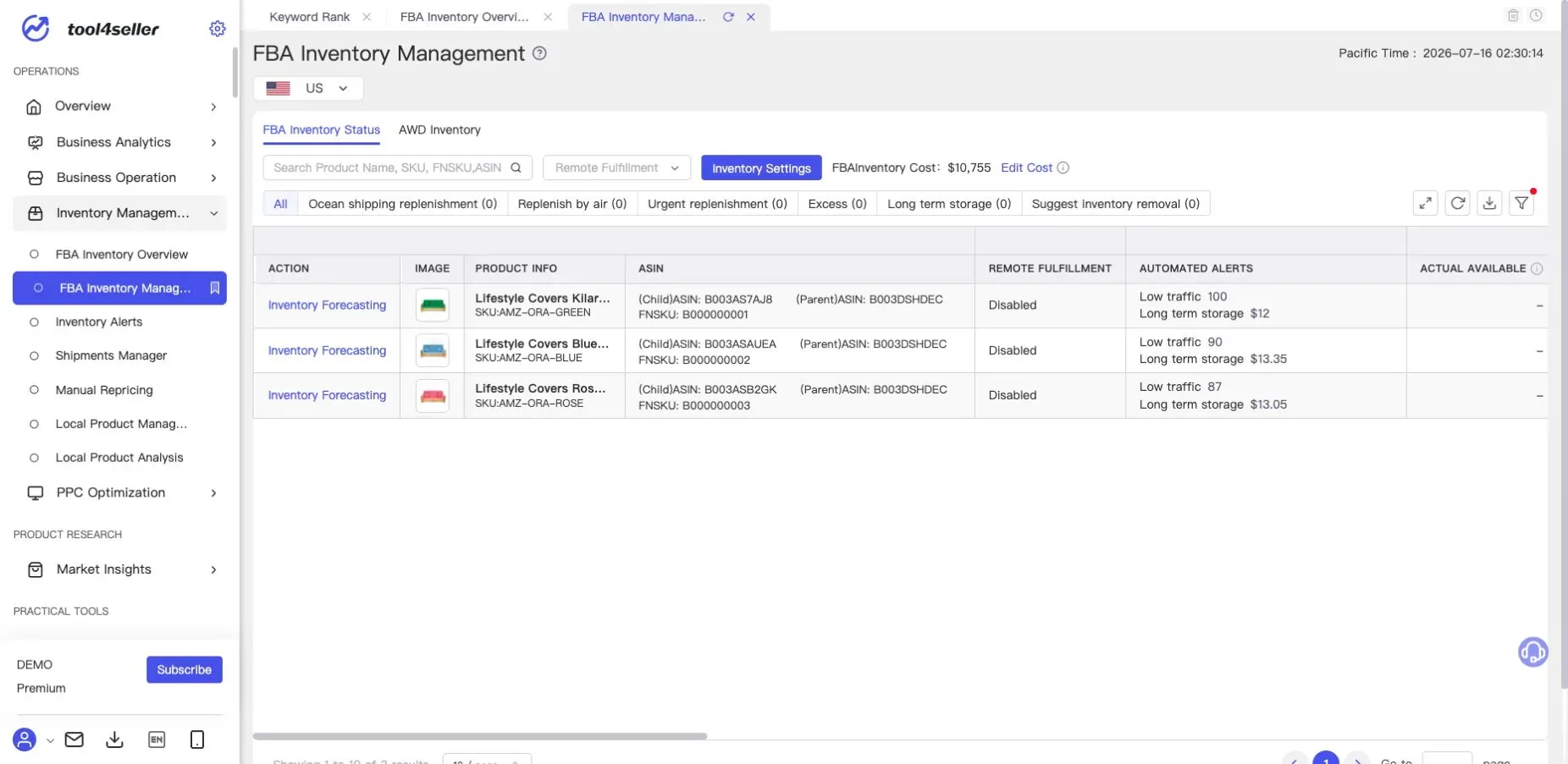 Interfaz de tool4seller: Página actual «FBA Inventory Management» del entorno de demostración anonimizado.
