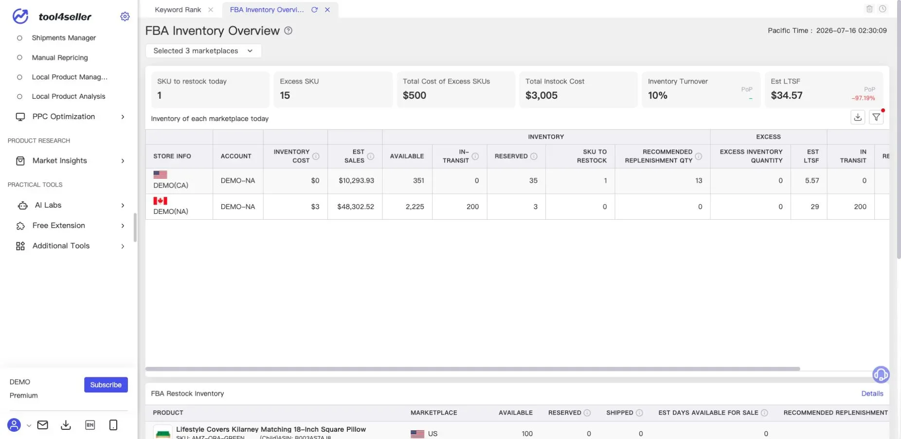 Current tool4seller FBA Inventory Overview page showing sanitized demo inventory, restock, excess stock, cost, and turnover metrics.