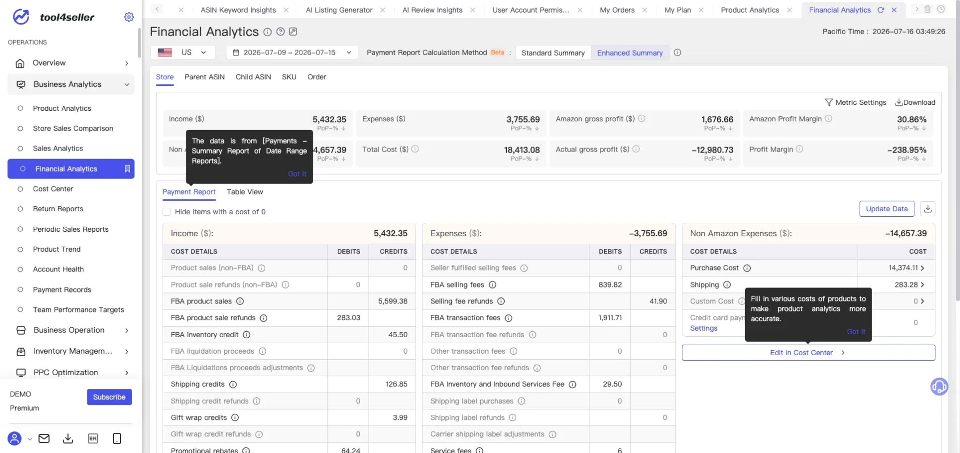 Interface tool4seller : Page actuelle « Financial Analytics » avec données de démonstration anonymisées sur le chiffre d’affaires, les coûts et le bénéfice.