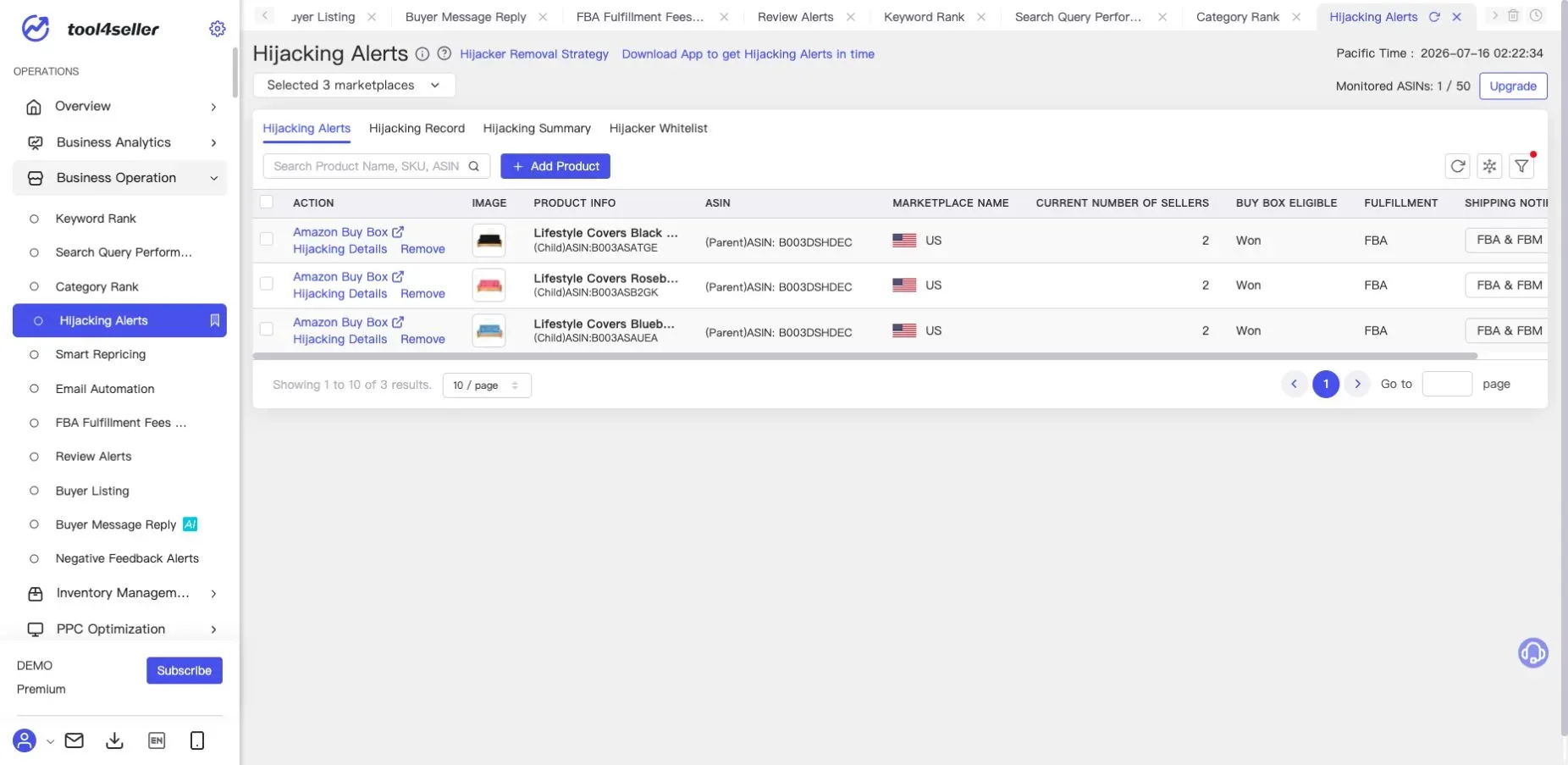 Current tool4seller Hijacking Alerts page showing sanitized demo products, seller counts, Featured Offer eligibility, fulfillment, and monitoring controls.