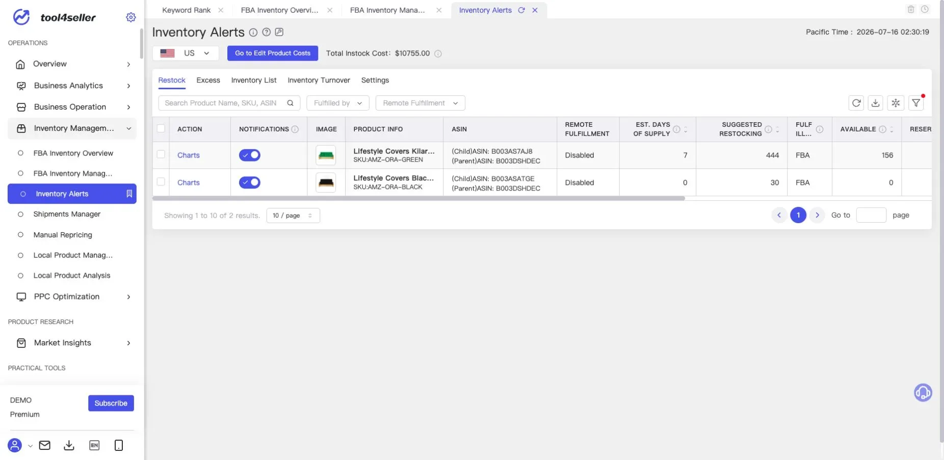 Interface tool4seller : Page actuelle « Inventory Alerts » dans l’environnement de démonstration anonymisé.