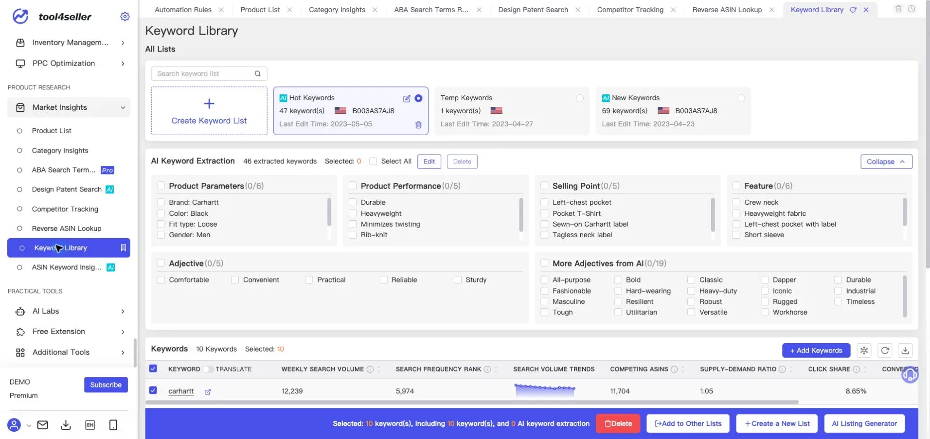 Interfaz de tool4seller: «Keyword Library» actual con datos de palabras clave anonimizados.