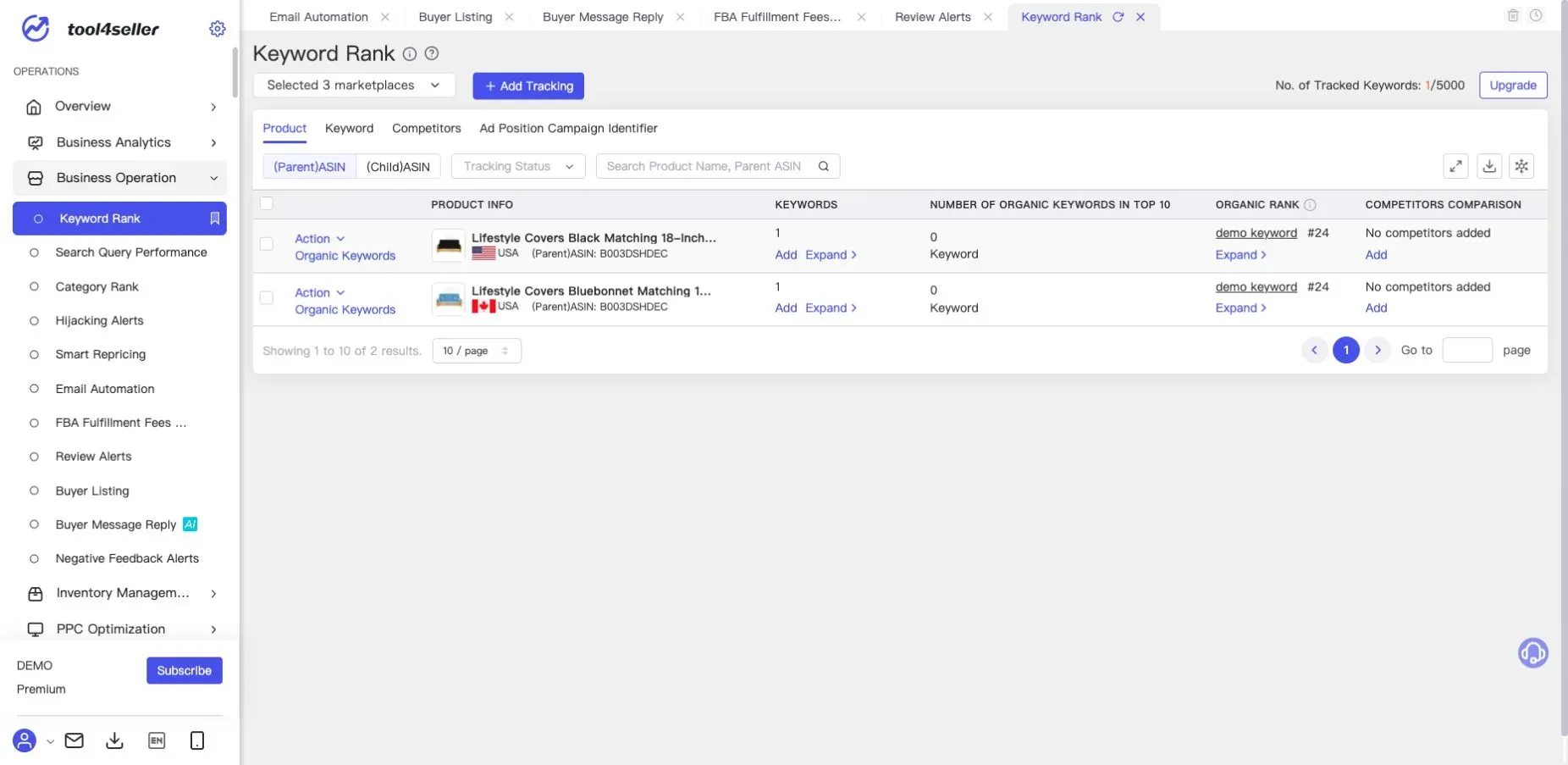 Interfaccia di tool4seller: Pagina attuale Keyword Rank nell’ambiente demo anonimizzato.