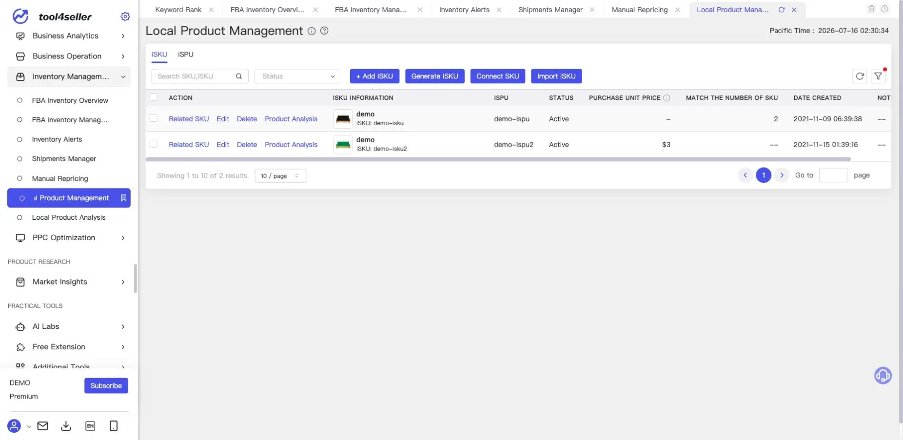Current tool4seller Local Product Management page showing sanitized demo iSKU and iSPU records, related SKUs, import, and connection controls.