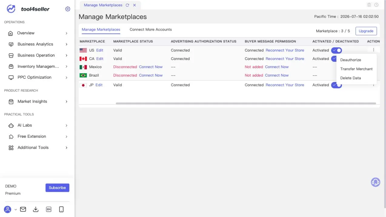 Current tool4seller Manage Marketplaces action menu showing Deauthorize, Transfer Merchant, and Delete Data in the sanitized demo environment.