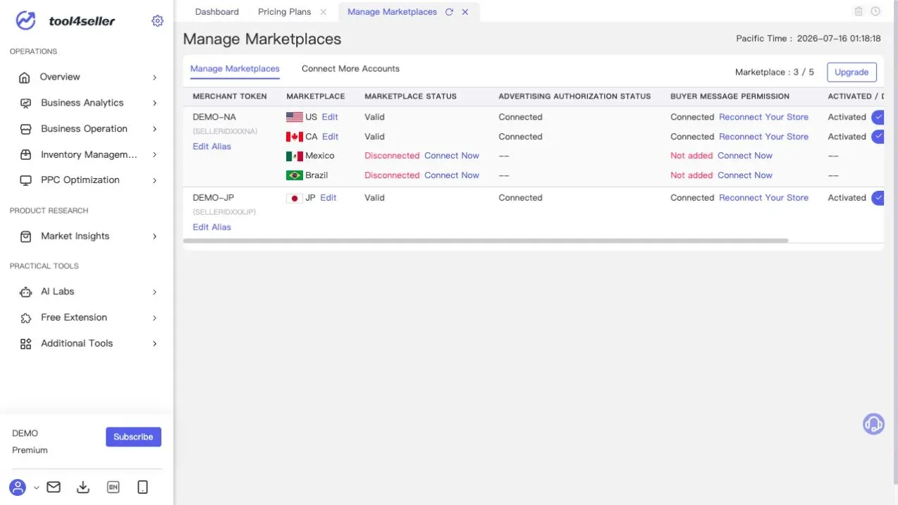 Interface tool4seller : Page actuelle « Manage Marketplaces » dans l’environnement de démonstration anonymisé.