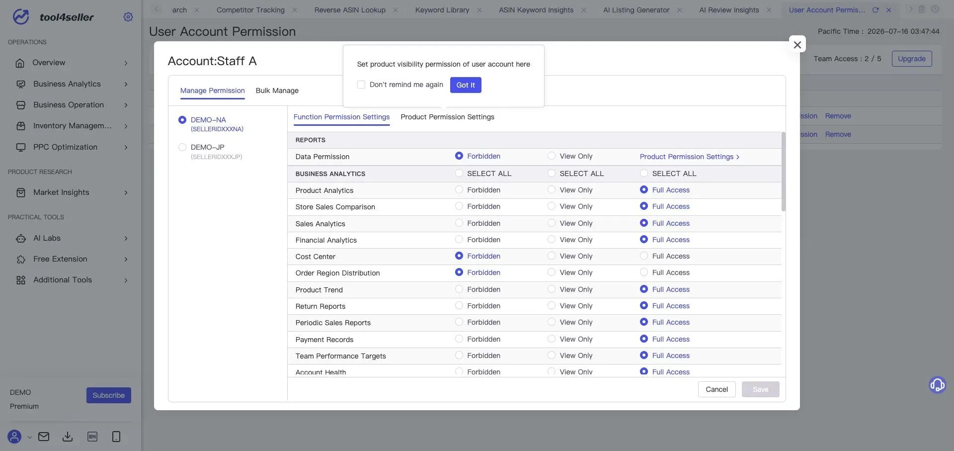 Interfaccia di tool4seller: Finestra attuale Manage Permission con permessi per funzione e prodotto di un membro del team demo.