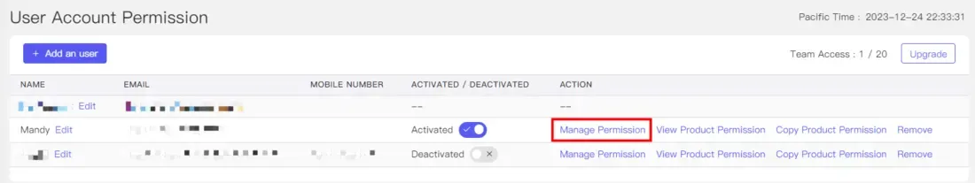 tool4seller Manage Permission interface.
