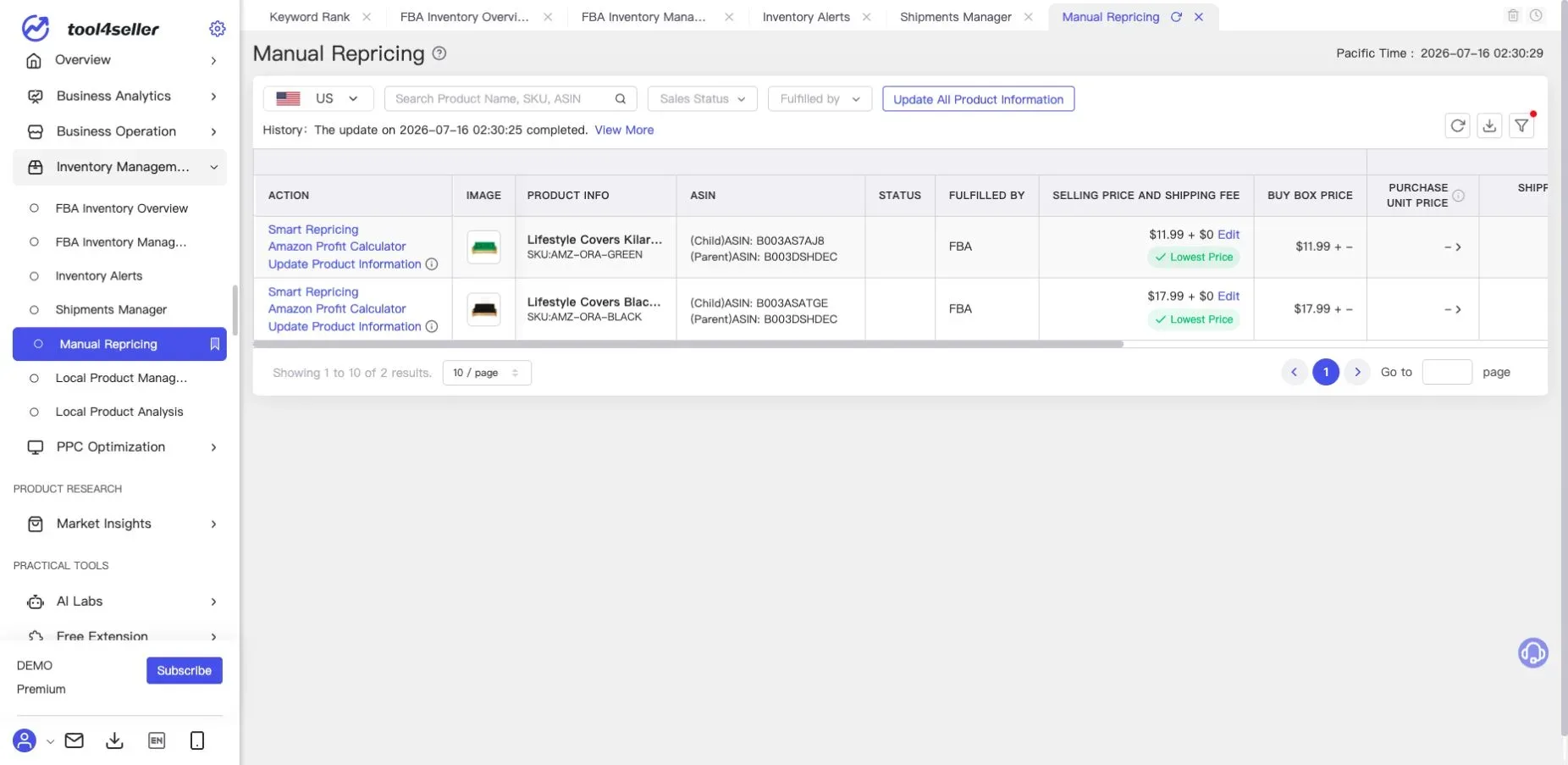 Interface tool4seller : Page actuelle « Manual Repricing » dans l’environnement de démonstration anonymisé; vérifiez les changements de prix avant de les enregistrer.