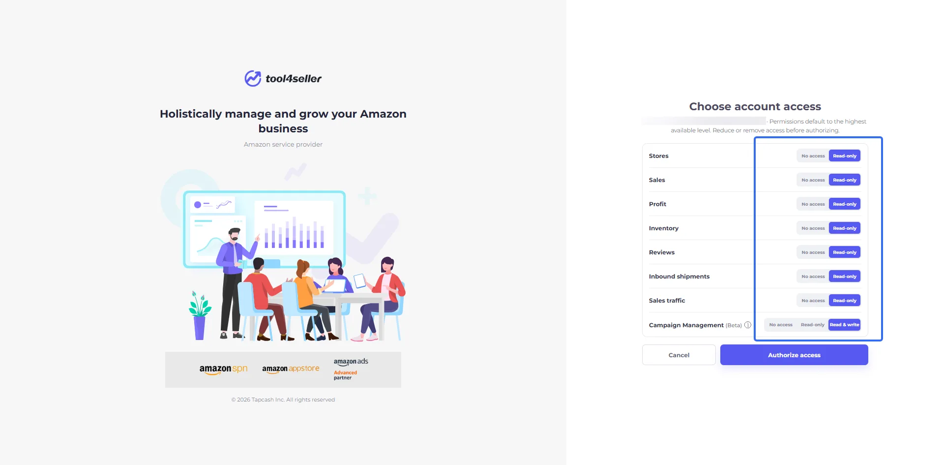 tool4seller MCP account access page showing data permissions and read-and-write access for Campaign Management