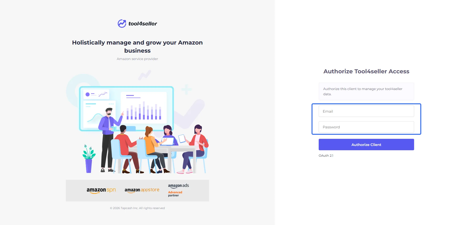 tool4seller MCP authorization page for signing in with a tool4seller email and password
