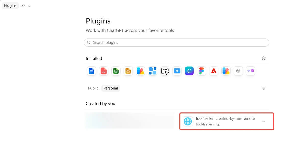 ChatGPT Work Plugins page showing tool4seller listed under personal plugins after installation.