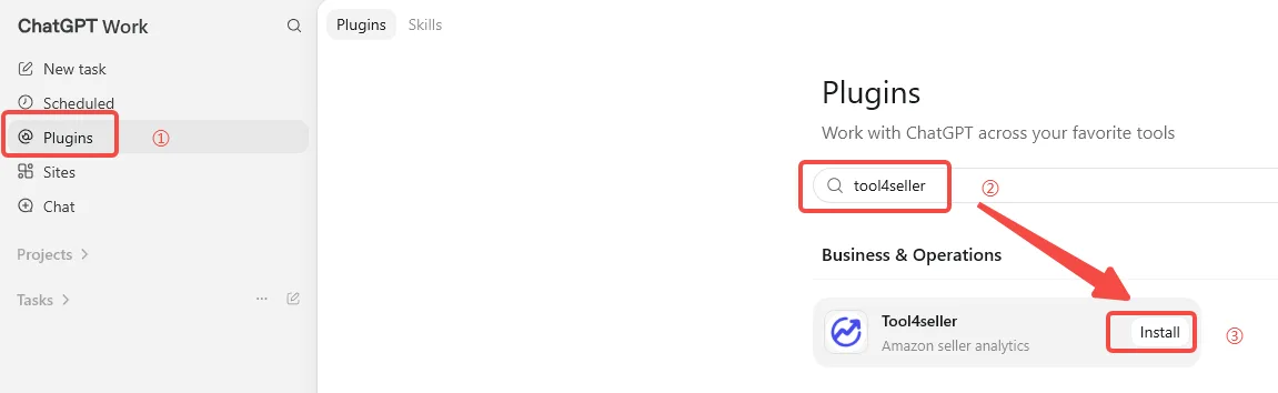 ChatGPT Work Plugins page showing a search for tool4seller and the Install button highlighted.