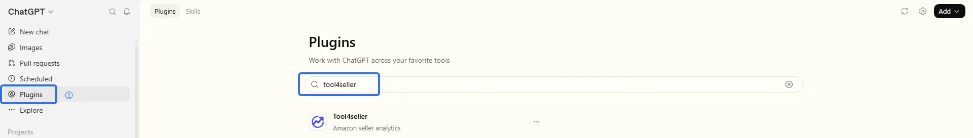 ChatGPT Plugins page showing the tool4seller MCP plugin in search results