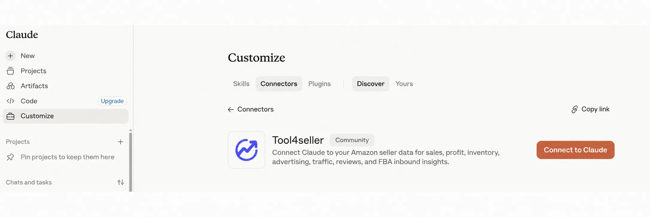 tool4seller MCP connector page in Claude with the Connect to Claude button