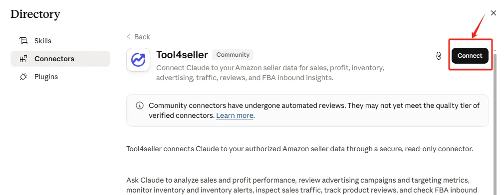 Claude connector directory detail page for tool4seller with the Connect button highlighted.