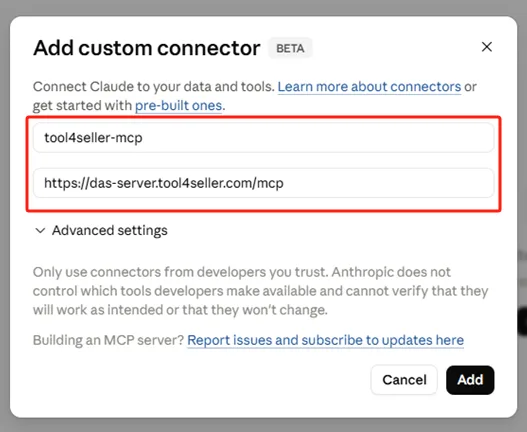 Claude Add custom connector dialog showing the tool4seller-mcp name and MCP server URL fields.