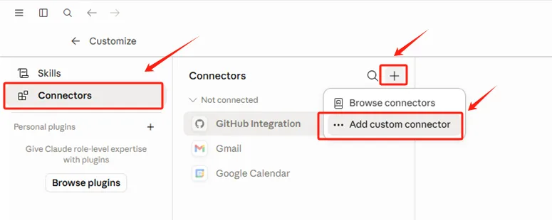 Claude Customize page showing the Connectors section with the Add custom connector option highlighted.