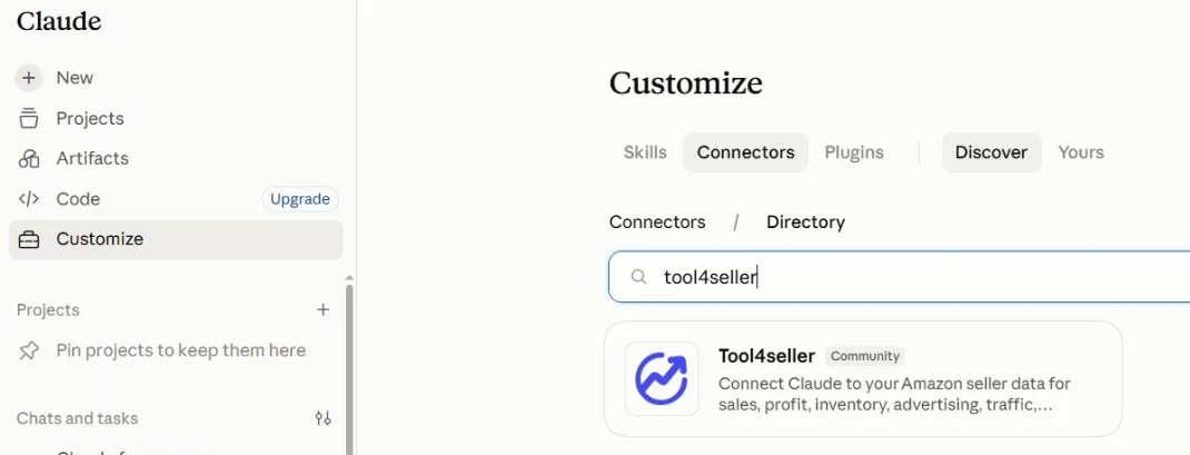 Claude Connectors directory showing a search result for the tool4seller MCP connector