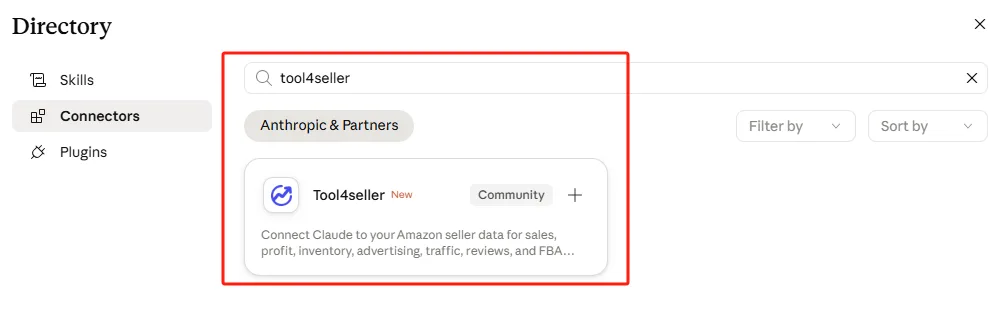 Claude connector directory showing a search for tool4seller and the tool4seller connector result.