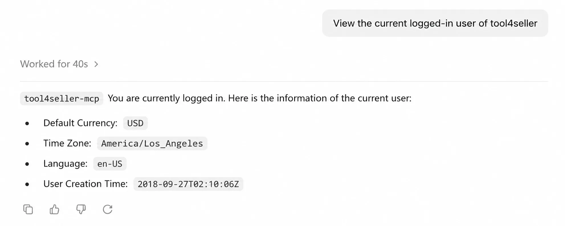 Codex response from tool4seller-mcp confirming the user is logged in and showing account details including default currency, time zone, language, and user creation time.
