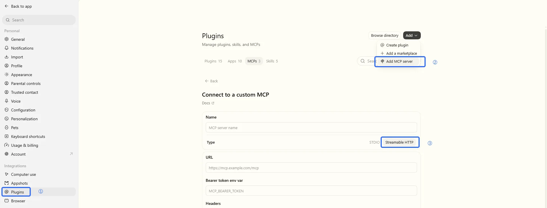 Codex Plugins settings showing Add MCP server and Streamable HTTP for tool4seller MCP setup