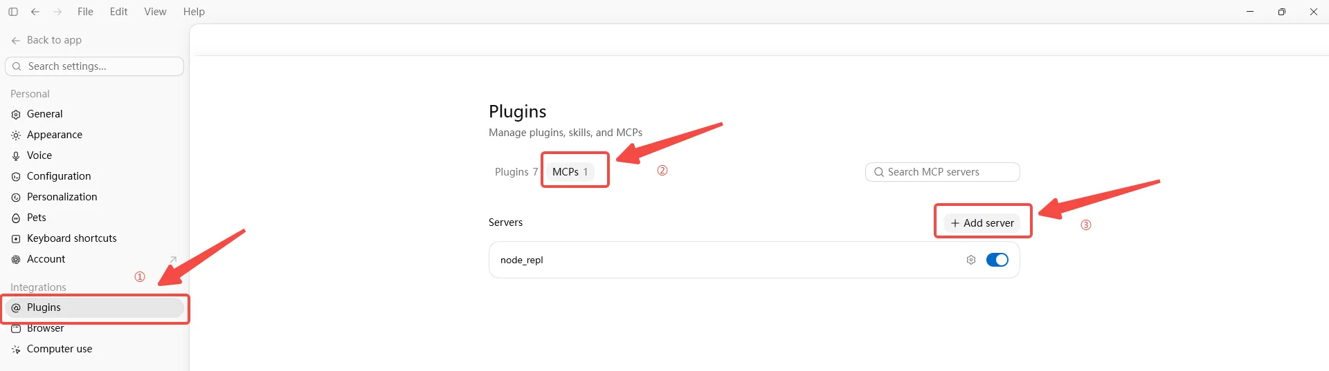 Codex settings page showing the Plugins integration section, MCPs tab, and Add server button highlighted.