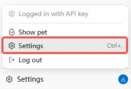 Codex account menu with the Settings option highlighted for opening the settings page.