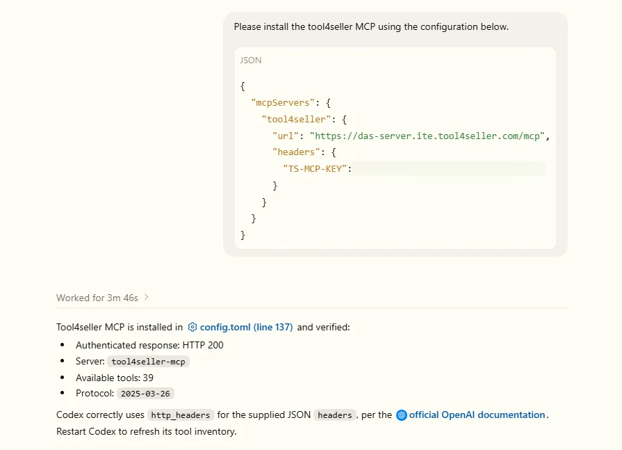 Codex confirming that tool4seller MCP is installed and verified with an authenticated HTTP 200 response
