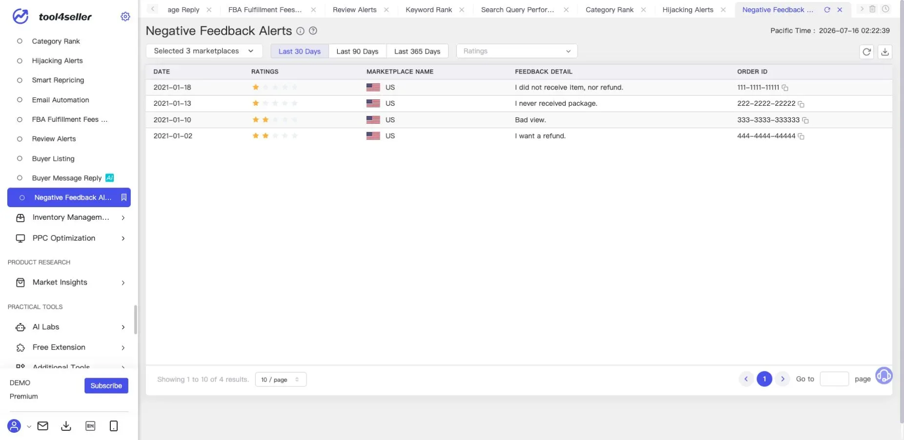 Interface tool4seller : Page actuelle « Negative Feedback Alerts » dans l’environnement de démonstration anonymisé.