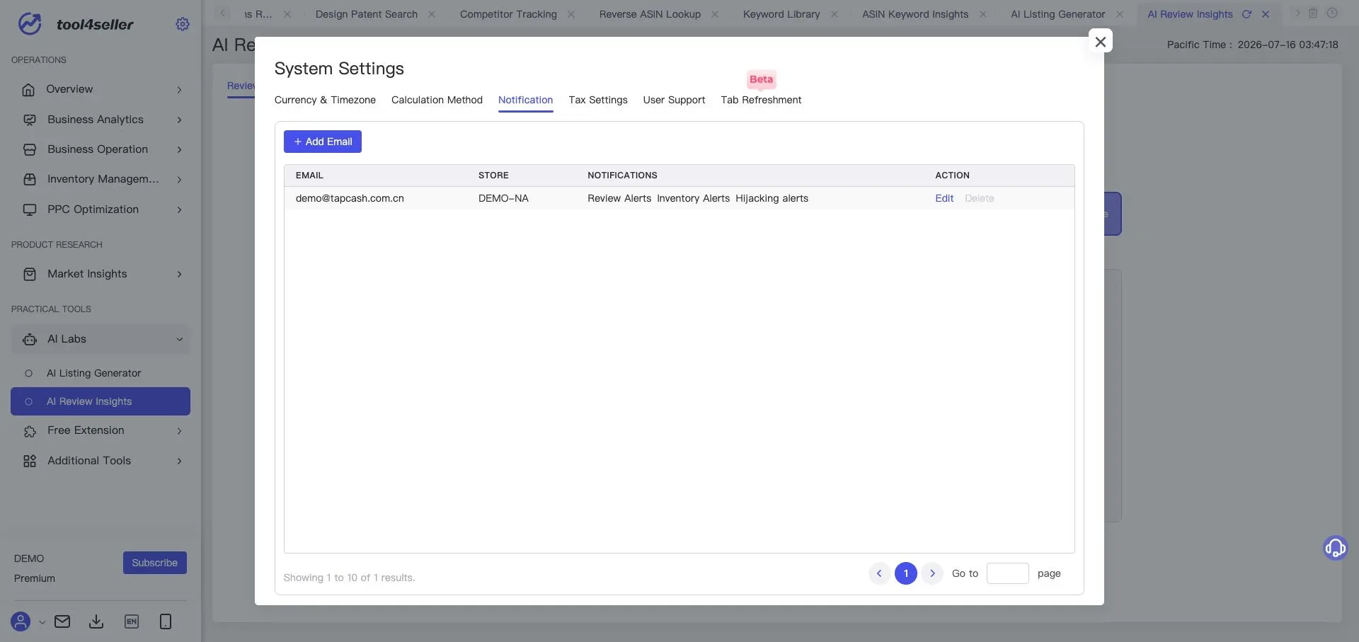 tool4seller-Oberfläche: Aktueller Reiter „Notification“ mit Benachrichtigungs-E-Mail, Store-Zuordnung und Alarmtypen in der bereinigten Demo-Umgebung.