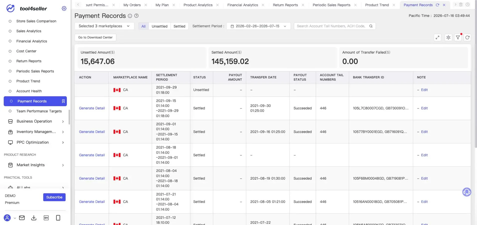 Interface tool4seller : Page actuelle « Payment Records » avec données de règlement de démonstration anonymisées.